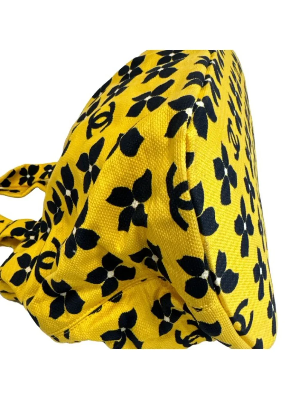 Chanel CC Logo Flower All Over Print Canvas Handbag Yellow Navy Bag